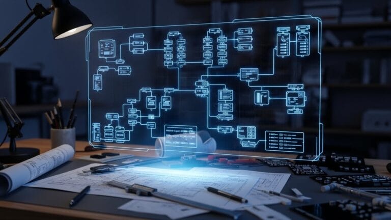 Mesa de trabalho de um engenheiro com plantas físicas e um holograma azul futurista projetando um fluxograma complexo de sistema de vendas.
