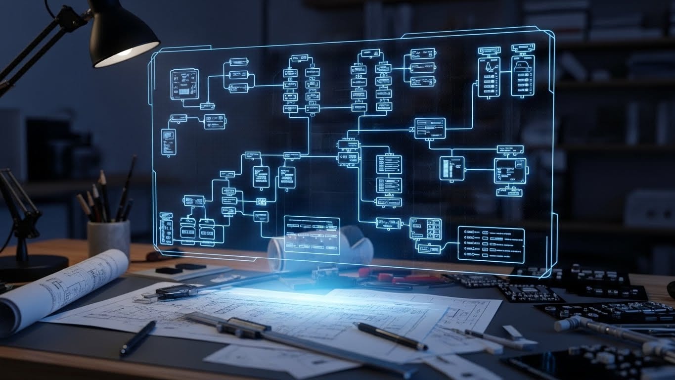 Mesa de trabalho de um engenheiro com plantas físicas e um holograma azul futurista projetando um fluxograma complexo de sistema de vendas.