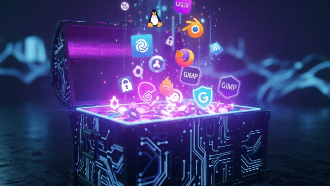 Baú do tesouro digital aberto e brilhando em neon roxo, flutuando com ícones de aplicativos de inteligência artificial saindo de dentro.