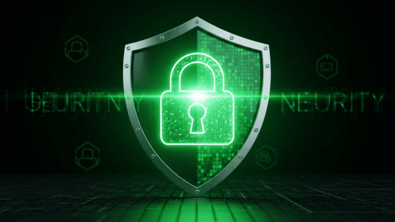 Escudo digital verde neon brilhante com um cadeado fechado no centro, simbolizando proteção e segurança cibernética contra golpes na internet.