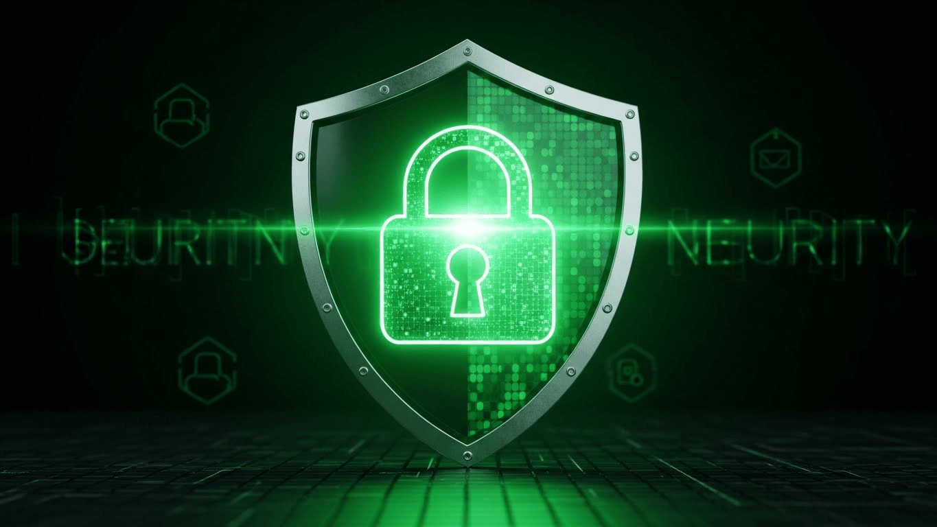 Escudo digital verde neon brilhante com um cadeado fechado no centro, simbolizando proteção e segurança cibernética contra golpes na internet.