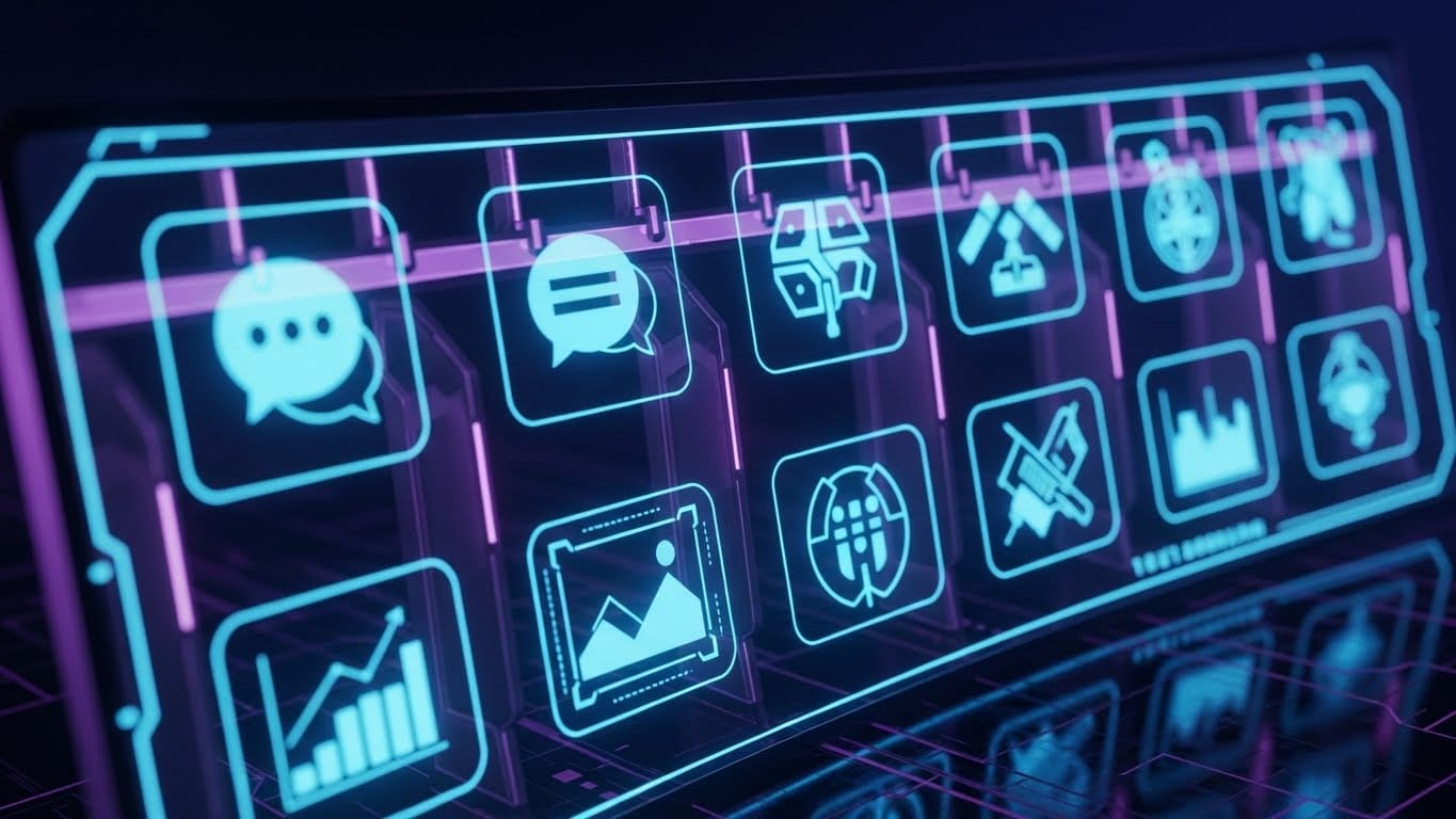 Painel futurista com ícones das 10 ferramentas de Inteligência Artificial essenciais para automação de negócios em 2026