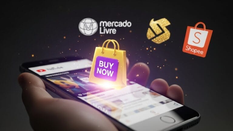 Mão segurando um smartphone exibindo a nova integração do YouTube Shopping. Um ícone 3D de sacola de compras 'Buy Now' salta da tela do vídeo, conectado a logotipos holográficos do Mercado Livre e da Shopee ao fundo, ilustrando a venda direta de produtos por vídeo e marketing de afiliados.