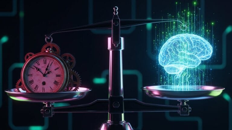 Balança de metal futurista em um ambiente escuro com luzes neon azuis e verdes. No prato esquerdo, um relógio mecânico antigo e pesado representa o tempo. No prato direito, um holograma de cérebro digital brilhante com dados flutuando representa a inteligência artificial.