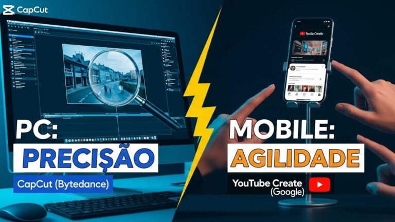 Thumbnail vibrante estilo YouTube dividida por um raio amarelo: à esquerda, um monitor de PC com interface CapCut e uma lupa destacando a precisão da edição. À direita, um smartphone em um suporte com o app YouTube Create e mãos demonstrando a agilidade mobile. Textos grandes em português: "PC: PRECISÃO (CapCut Bytedance)" e "MOBILE: AGILIDADE (YouTube Create Google
