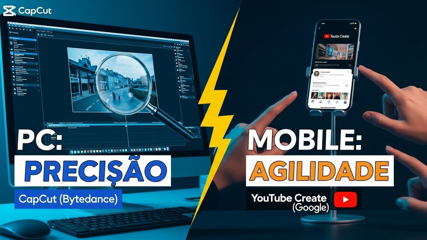 Thumbnail vibrante estilo YouTube dividida por um raio amarelo: à esquerda, um monitor de PC com interface CapCut e uma lupa destacando a precisão da edição. À direita, um smartphone em um suporte com o app YouTube Create e mãos demonstrando a agilidade mobile. Textos grandes em português: "PC: PRECISÃO (CapCut Bytedance)" e "MOBILE: AGILIDADE (YouTube Create Google