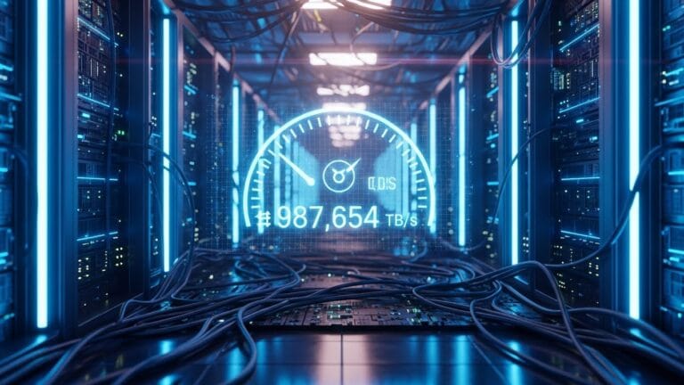 Corredor de Data Center futurista com racks de servidores e cabos, iluminado por luzes neon azuis. Em destaque, um velocímetro holográfico digital marcando alta velocidade de transferência de dados.